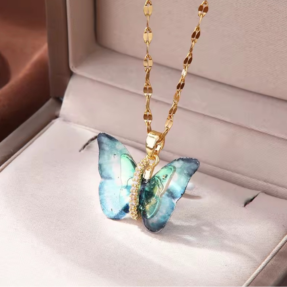 Blue Butterfly Pendant Necklace with Gold Tone Chain